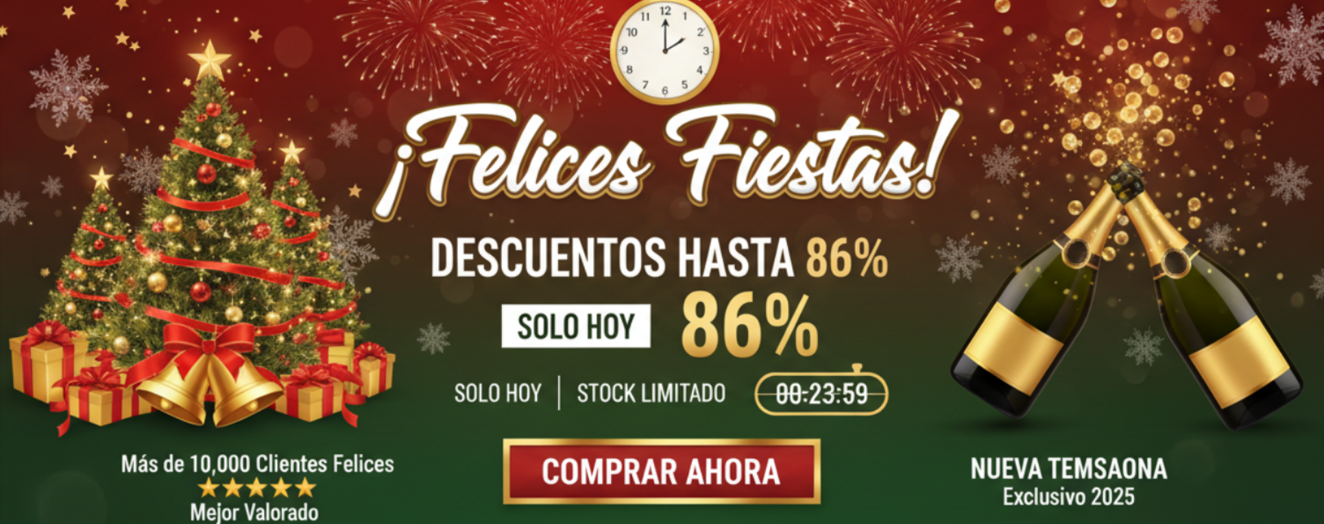 faça u pront para cria um banner tem que ter uma ótima resolução para minha loja de variedades da shopify tema natal e ano novo com 45% a 86% de descontos coloque no banner gatilhos de compra escassez, urgência, provas social, novidade, no idioma espanhol nativo